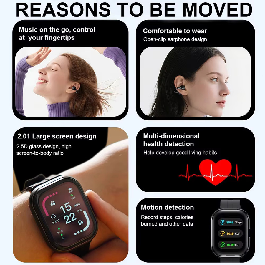 LIGE 2in1 Smartwatch mit Bluetooth Kopfhörer und Musik Headset in Schwarz für Männer und Frauen mit Anruffunktion und Gesundheitsmonitor - Bild 2