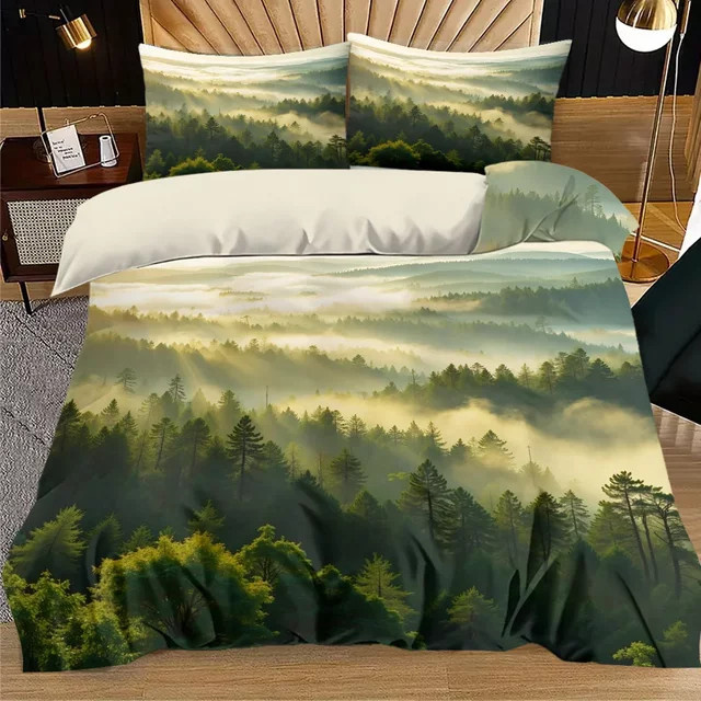 3-teiliges Bettwäsche-Set Foggy Mountain Valley mit Naturmotiv in Grün, bestehend aus 1 Bettbezug und 2 Kissenbezügen, B/H: 135 x 200 cm - Bild 1