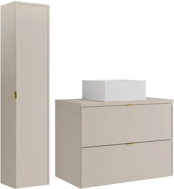 Vente-unique Badmöbel-Set Ondil in Beige mit Waschbeckenunterschrank, Aufsatzwaschbecken aus Keramik und Hochschrank, B/T/H: 80 x 45 x 60 cm - Bild 1