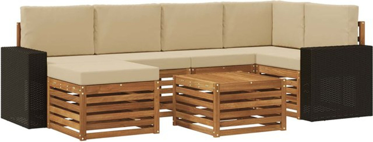 Modernes Ecksofa Set von vidaXL aus Massivholz Akazie in Natur und Beige mit 7 Teilen und Kissen - Bild 1