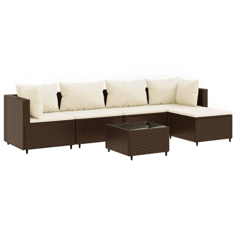 vidaXL 6-tlg Garten-Lounge-Set in L-Form mit Polstern und Ottoman, Braun/Weiß, Poly-Rattan und Metallrahmen - Bild 2