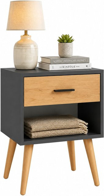 VCM Nachttisch Singol XL im Retro-Design mit Schublade und Ablagefach, Grau, B/T/H: 45 x 30 x 70 cm - Bild 1