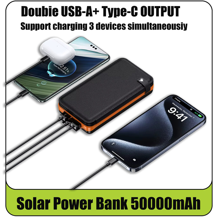 Rscrola Solar Power Bank mit 50000 mAh und faltbaren Solarmodulen, Schwarz, USB-A Ausgang für iPhone und Android, ideal für Camping und Outdoor-Aktivitäten - Bild 3