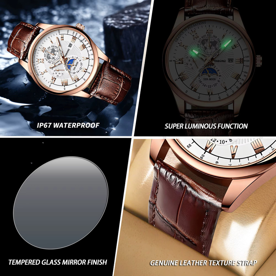 BINBOND Armbanduhr Quarz, Leder, Roségold, Weiß, Herren - Bild 5