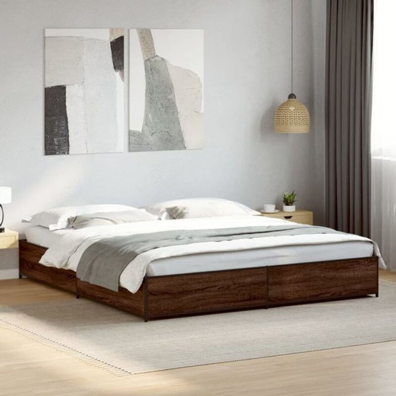 Vidaxl Metallbett in Braun mit Holzwerkstoff-Optik, Modernes Bettgestell aus Stahl und Holz, B/T: 200 x 200 cm - Bild 1