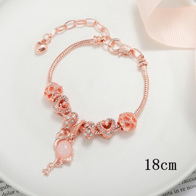Flamingo Anhänger Herz, Perlenarmband, Roségold, Messing, Zirkonia, Perle, Damen - Bild 1