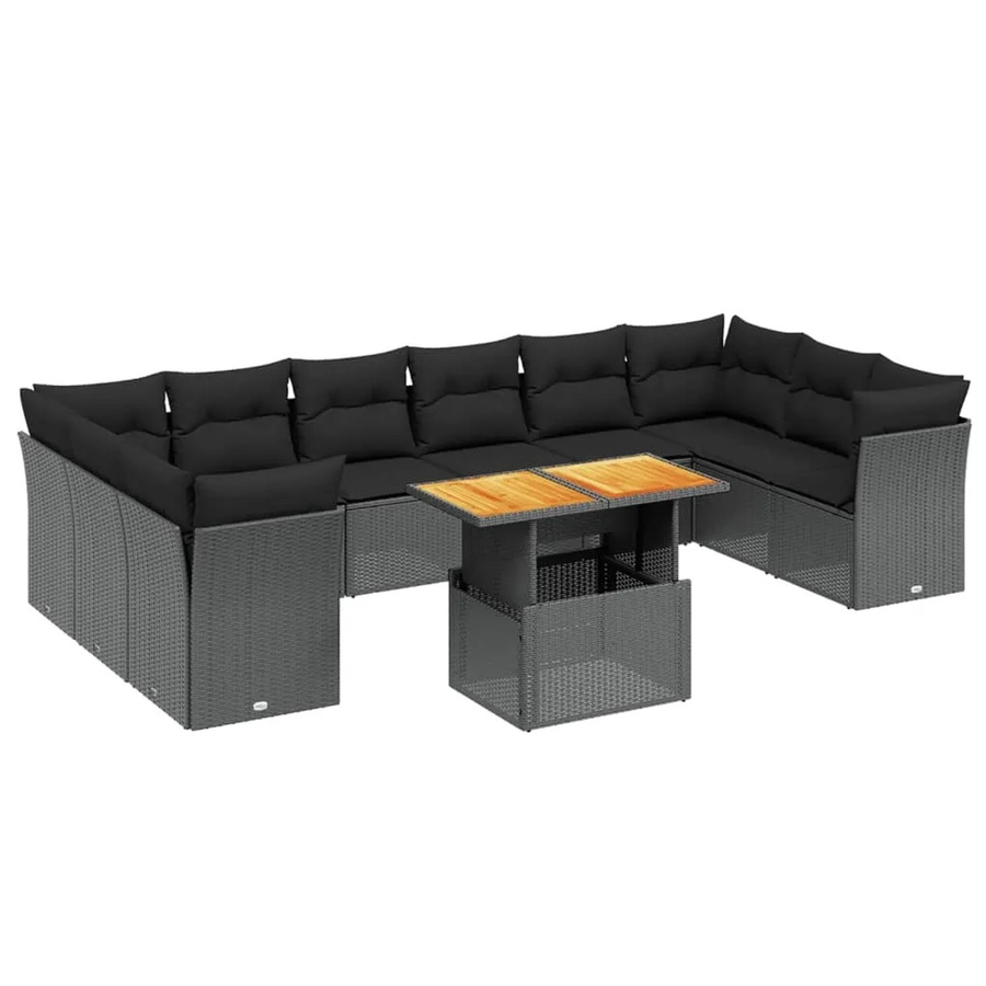 vidaXL 11-teilige Garten-Sofagarnitur in L-Form aus Polyrattan und Akazienholz mit Kissen, Schwarz - Bild 2