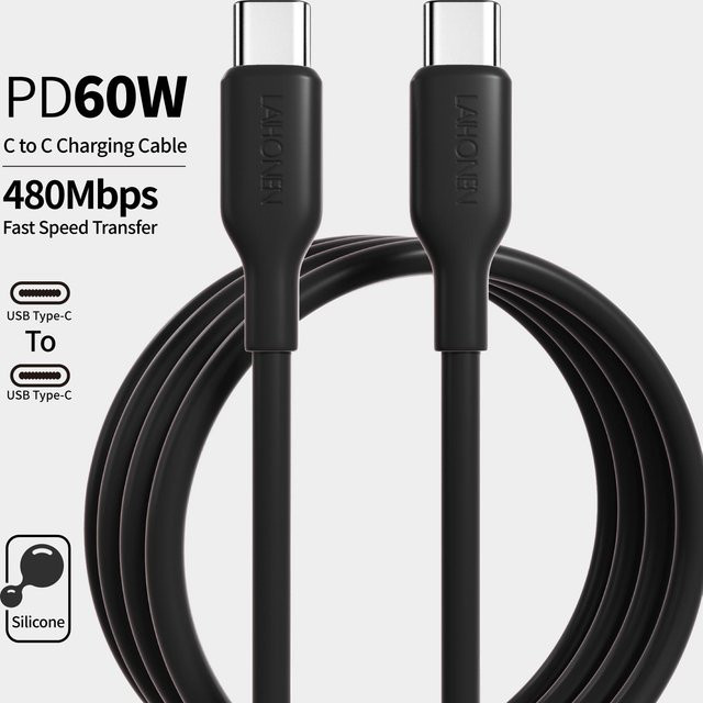 LAIHONEN Flüssigsilikon USB-C zu USB-C Schnellladekabel 60W in Schwarz für Huawei SCP, Xiaomi und iPhone 15 16 17 Pro Max - Bild 1