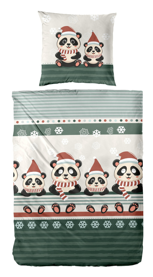 Primera Feinbiber Bettwäsche mit Pandabär und Schneeflocken Motiv in Grün, Set aus Bettbezug und Kissenbezug aus Baumwolle, B/H: 155 x 220 cm, Kissenbezug: 80 x 80 cm - Bild 1