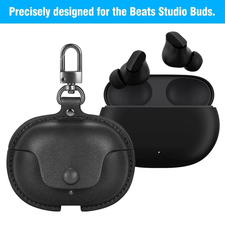 Schutzhülle aus PU-Leder für Beats Studio Buds und Buds+ Plus in Schwarz und Grün mit Schlüsselanhänger - Bild 4