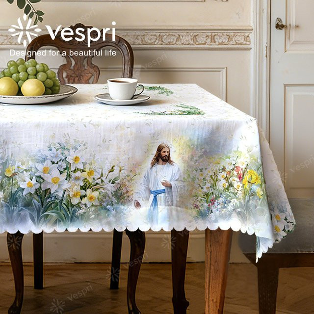 Vespri Oster-Tischdecke mit blauem Blumenmuster in Weiß, rund, Durchmesser: 152,4 cm - Bild 1