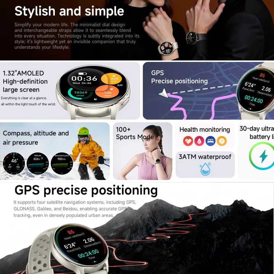 KULANNDER GPS-Smartwatch mit 1,32 Zoll AMOLED Display in Schwarz mit Bluetooth-Anrufen, Höhenmesser, Barometer, Kompass und LED-Taschenlampe, 3ATM wasserdicht und ultraleicht mit 41g - Bild 3