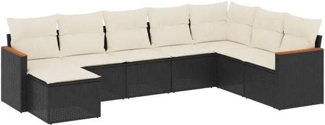 vidaXL 8-teilige Garten-Sofagarnitur in L-Form aus Poly-Rattan und Akazienholz mit Kissen in Schwarz - Bild 1