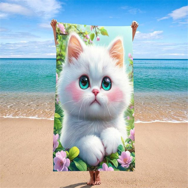Strandtuch mit weißem Katzenmotiv von JMG Household Supplies, sandfreies und schnelltrocknendes Handtuch, B/B: 140 x 180 cm - Bild 1