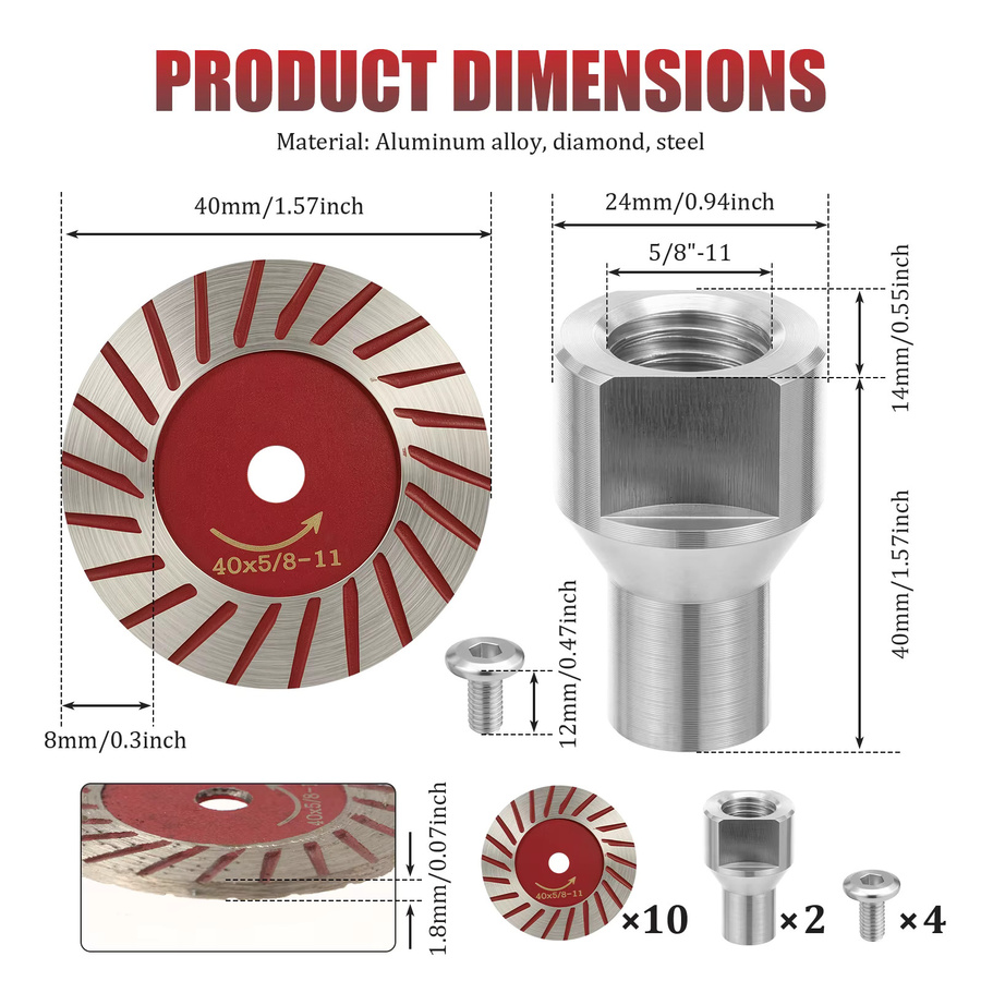 10-teiliges Diamant-Trennscheiben-Set für Kreissägen mit 40 mm Durchmesser und Aluminiumschaft inklusive Schraube - Bild 2