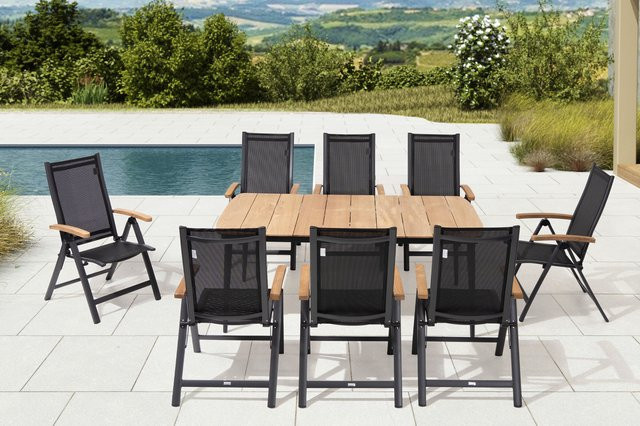 OUTFLEXX Garten-Essgruppe in Anthrazit Matt mit 8 Klappstühlen und Teak-Armlehnen, Tisch B: 184 cm, T: 100 cm, H: 73 cm - Bild 1