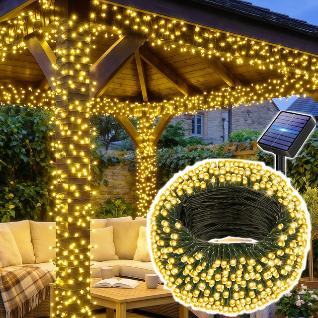 LEDOOR Solar LED-Lichterkette für den Außenbereich in Warmweiß mit dunkelgrünem Draht und 12 Modi - Bild 1