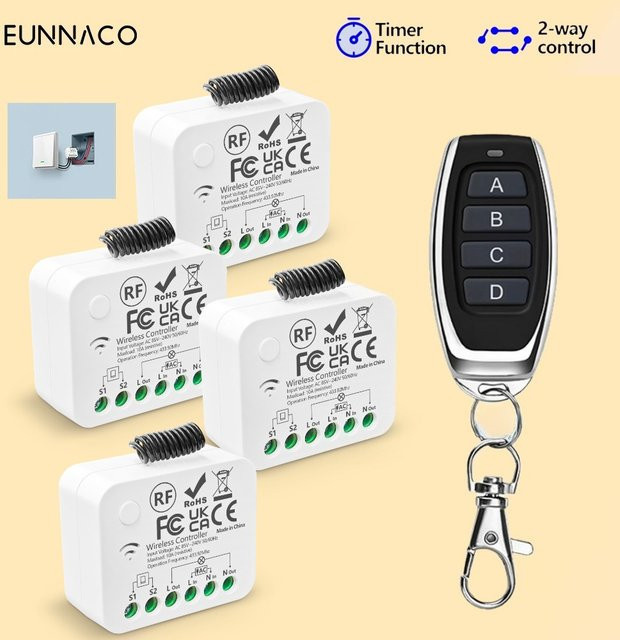 EUNNACO Kabelloser Intelligenter Lichtschalter mit Fernbedienung 433MHz, Mini-Relais-Empfänger 2-Wege für LED-Beleuchtung, Weiß - Bild 1