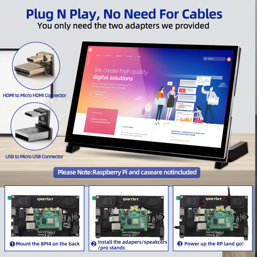 IPistBit 7 Zoll IPS LCD Touchscreen-Monitor für Raspberry Pi mit Dual-Lautsprechern und HDMI, Schwarz - Bild 2