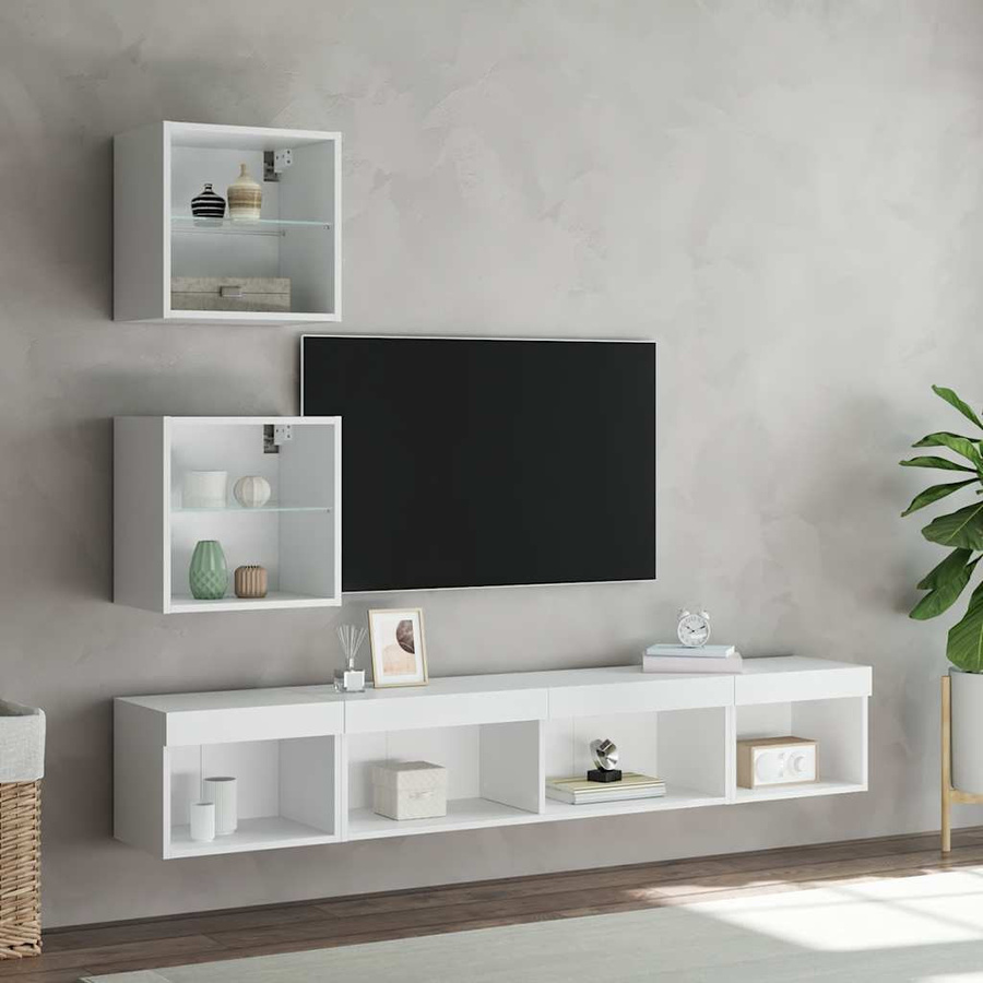 Modernes 5-teiliges TV-Möbelset aus Holzwerkstoff mit integrierter LED-Beleuchtung in Weiß Hochglanz, Wandmontage - Bild 3