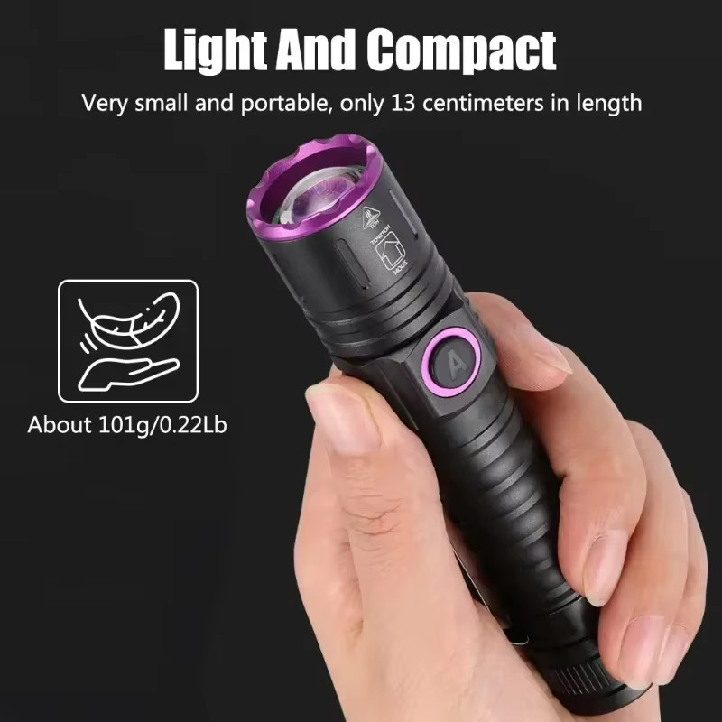 KDULIT 395/365 UV-Taschenlampe aus Aluminiumlegierung, wiederaufladbare USB-Taschenlampe mit Zoomfunktion als Detektor für Haustier-Urinflecken und zur Harzhärtung - Bild 3