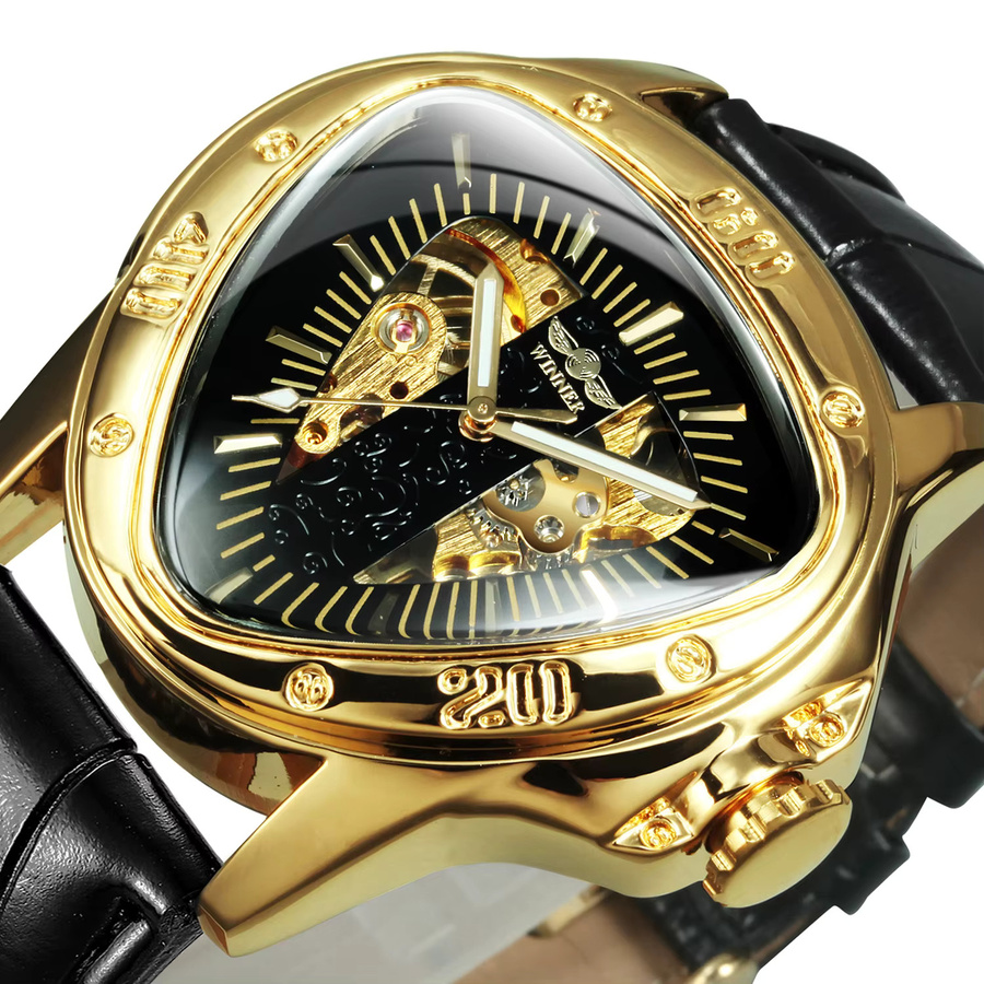 WINNER Sport Armbanduhr, Automatik, Edelstahl, Leder, Gold, Herren - Bild 2
