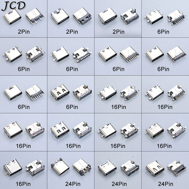 JCD 10er Set USB-C Ladeport Buchsen für PCB SMD SMT DIY Reparatur in Silber (2/6/16/24 Pin) - Bild 1