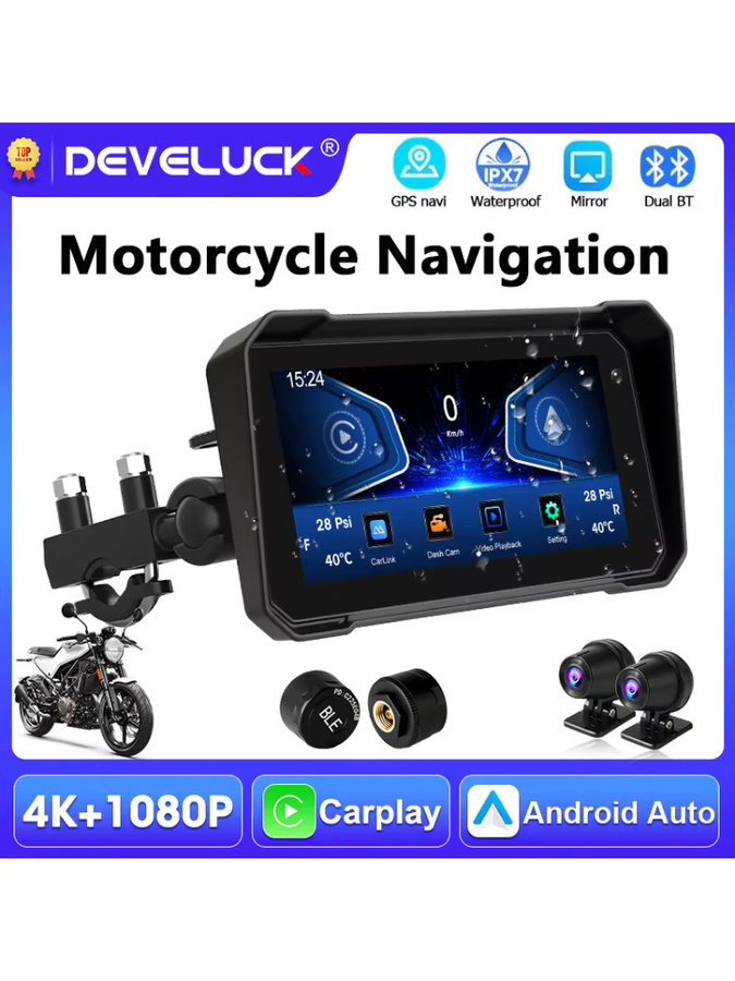 Develuck Tragbares 6,25 Zoll Motorrad-GPS-Navigationsgerät mit 4K+1080P Kamera, Drahtloses CarPlay und Android Auto, IPX7 Wasserdicht, Schwarz - Bild 7