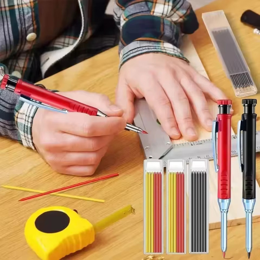 Professionelles Zimmermannsbleistift-Set aus Holz mit Graphit-Nachfüllungen in Schwarz für die Holzbearbeitung und Bauarbeiten - Bild 3