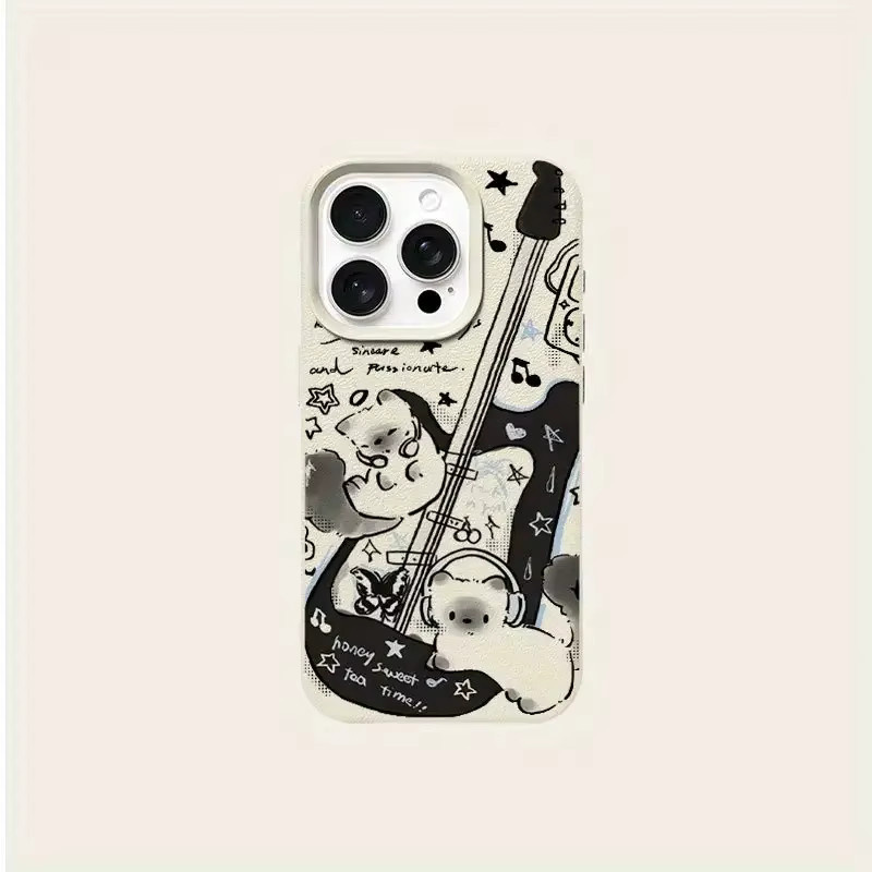 Handyhülle mit Gitarrenkatze-Muster und Litschi-Struktur für Apple iPhone 17 16 15 Pro Max Plus in Beige und Multicolour - Bild 5