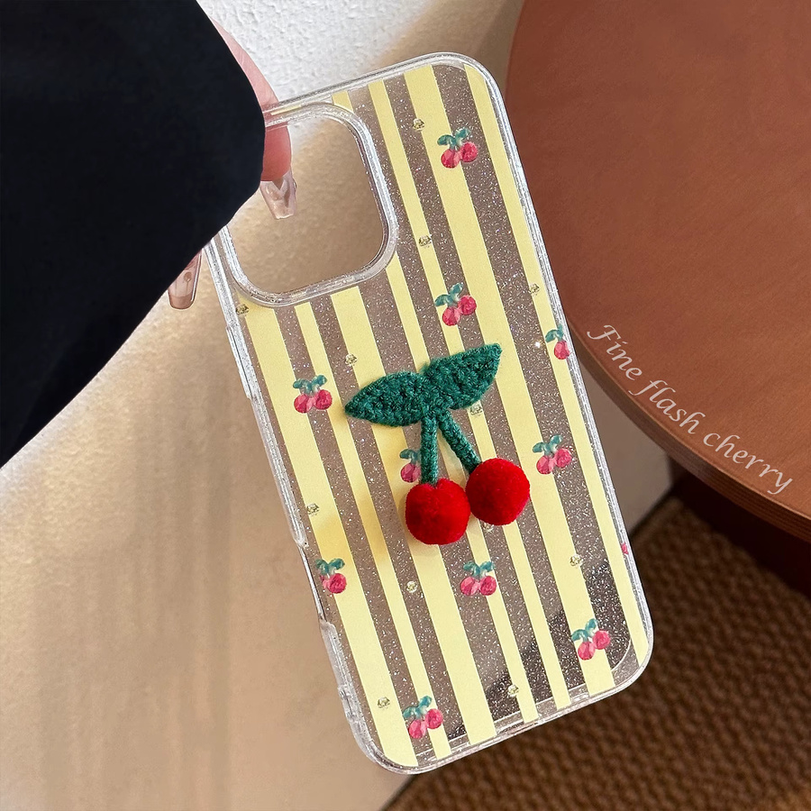MUQGEW Handyhülle mit Umhängeband für iPhone 16 15 14 13 12 11 Pro Max, Koreanisches Design mit gestreiften Glitzer-3D-Kirschen, stoßfeste Schutzhülle - Bild 2