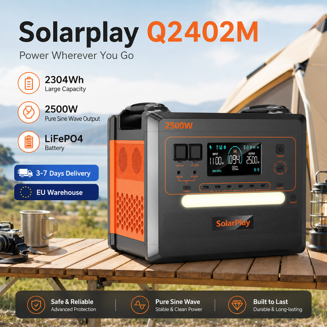 Solarplay Q2402M Tragbare Powerstation 2304Wh mit 2500W Reine Sinuswelle LiFePO4 Solargenerator in Schwarz - Bild 1