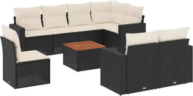 vidaXL 9-tlg Garten-Sofagarnitur in L-Form aus schwarzem PE-Rattan mit Kissen und pulverbeschichtetem Stahlgestell - Bild 1