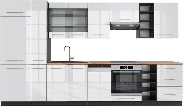Vicco Fame-Line Küchenzeile Weiß Hochglanz und Anthrazit mit Eiche Optik, Breite: 355 cm - Bild 1