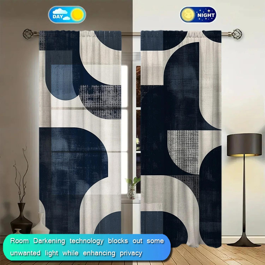 2er-Set Kunstbedruckte Vorhänge von Household supplies MH in Blau und Weiß, semi-transparent mit modernem Grafikdesign, Breite: 107 cm, Höhe: 160 cm - Bild 2