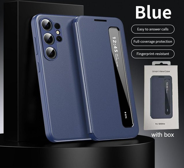 Samsung Business Lederhülle mit Klarsichtfenster für Galaxy S26 Ultra S25 S24 S23 S22 Plus S25FE Edge Flip in Blau - Bild 1