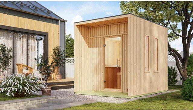 Karibu Saunahaus Set Rapallo aus Fichte in Naturbelassen mit 9 kW Bio Ofen und externer Steuerung - Bild 1