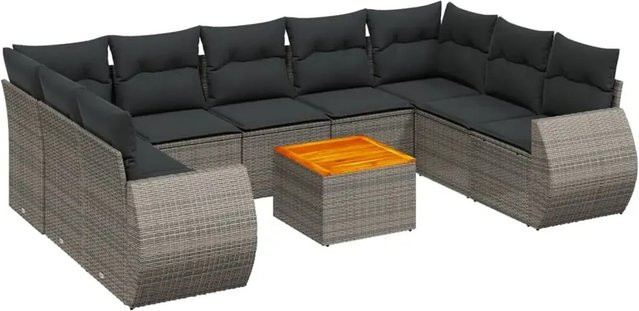 vidaXL 10-teilige Garten-Sofagarnitur in L-Form aus Polyrattan mit Kissen in Grau - Bild 1