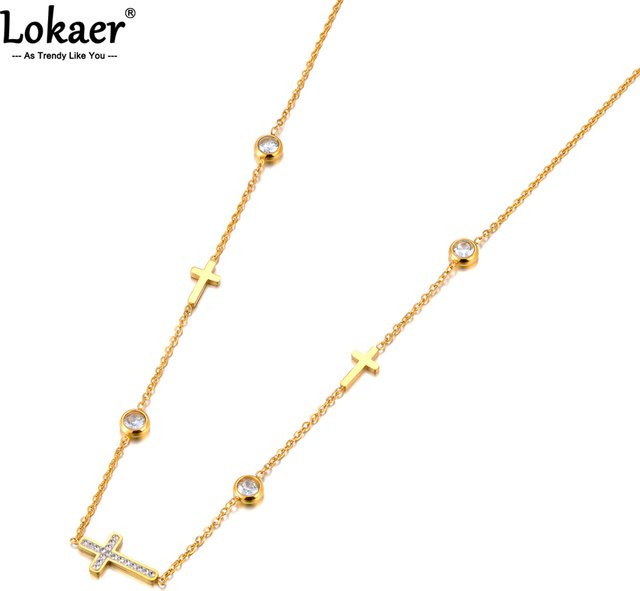 Lokaer Halskette Kreuz, Edelstahl, Zirkonia, Gold, Damen - Bild 1