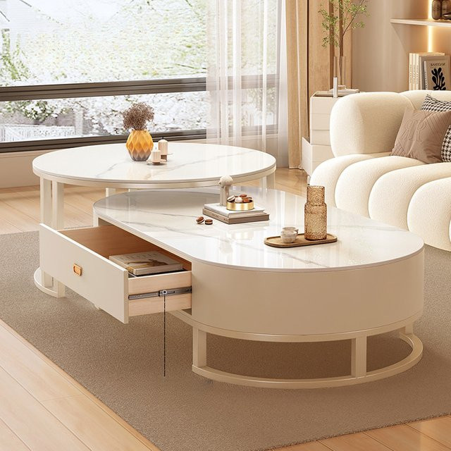 DUTRIEUX Couchtisch in Weiß, minimalistisches Design mit ovaler Oberfläche und glänzendem Finish - Bild 1