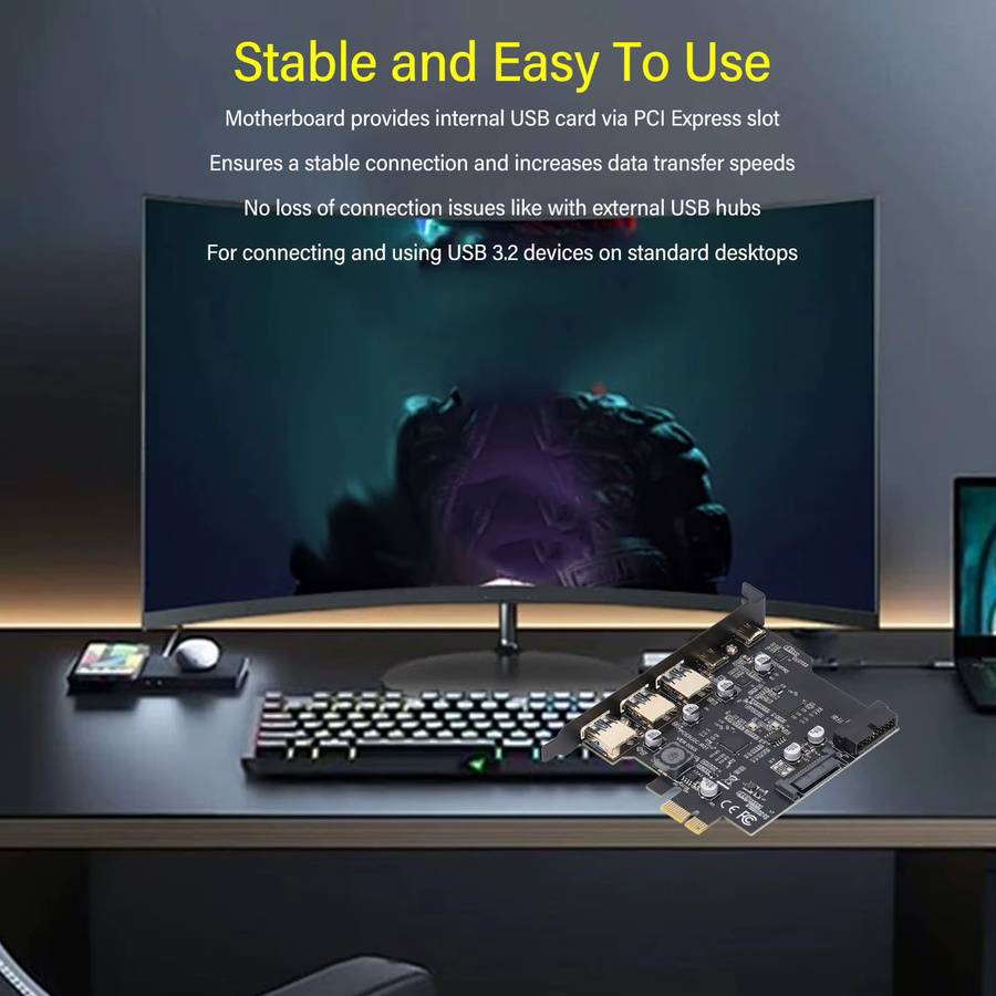 Qiilu PCIe zu USB 3.2 Erweiterungskarte mit 5 Anschlüssen (2x USB Typ C und 3x USB Typ A) in Schwarz für Desktop-PC - Bild 4