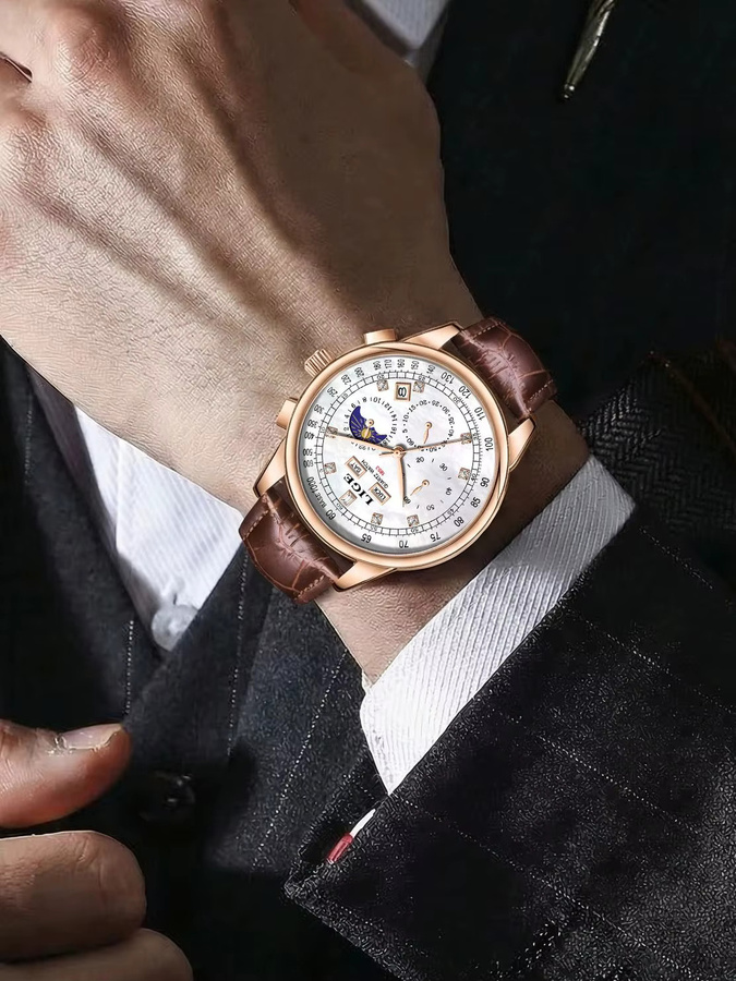 LIGE Armbanduhr Chronograph, Quarz, Weiß, Leder, Herren - Bild 6