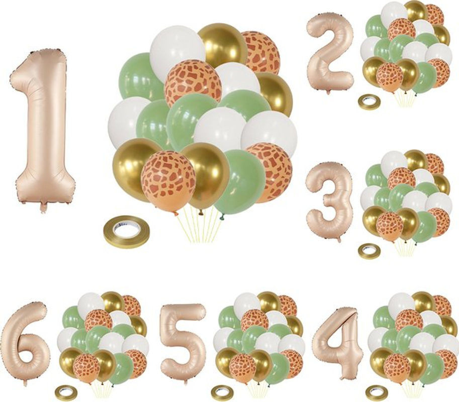 20er Set Dschungel Tier Party Dekoration mit Salbei Grün und Karamell Folienballons Zahlen 0-9 für Geburtstag und Baby Shower von LQVYI - Bild 1