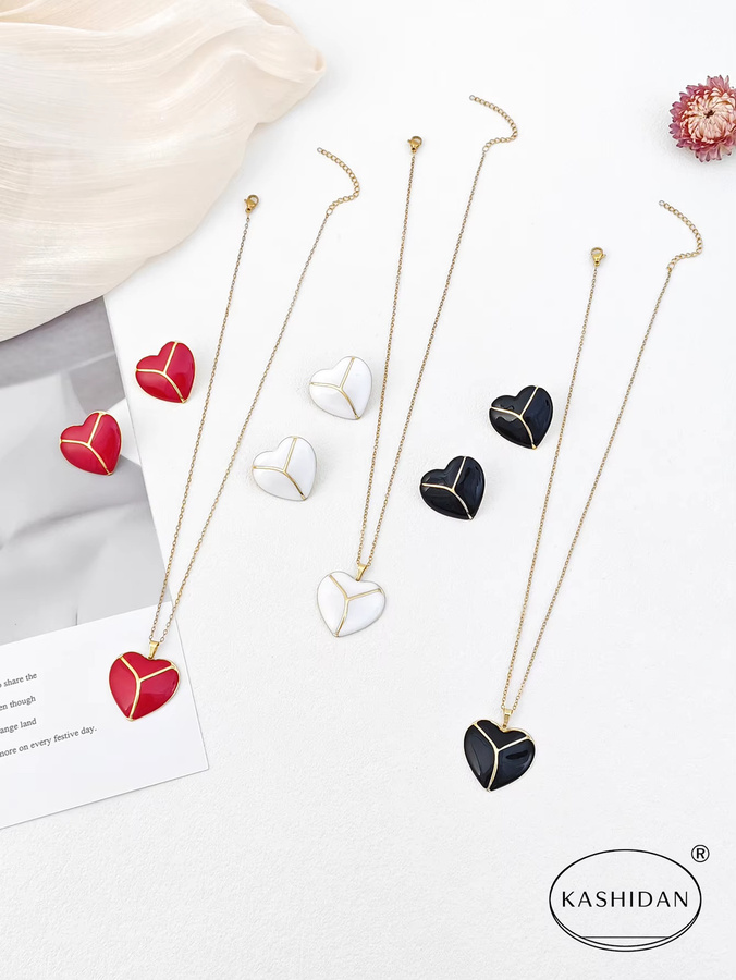 KASHIDAN Schmuck-Set, Emaille-Herz-Ohrstecker und Halskette, Edelstahl, Gold, Damen - Bild 1