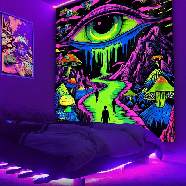 VIKAMA Fluoreszierender Wandteppich mit Augenpilz-Motiv in Multicolour, abstrakte Wanddekoration für Wohnzimmer und Party - Bild 1