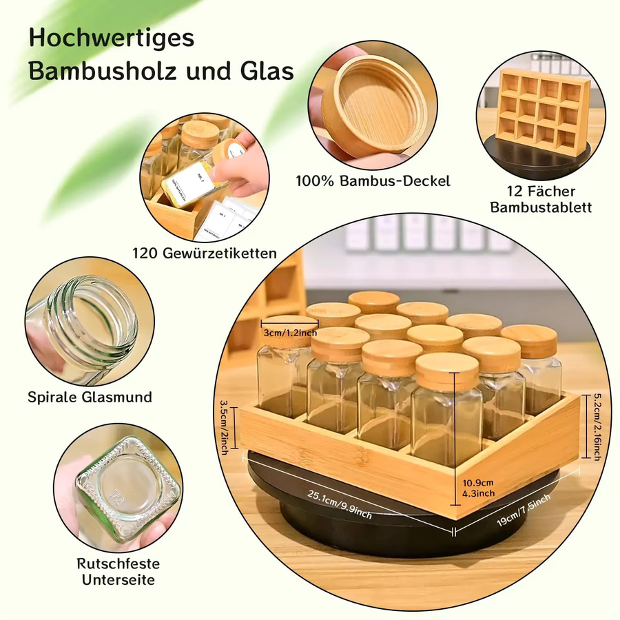 SAEIV Gewürzglas-Set mit Bambusregal aus transparentem Hochborosilikatglas inklusive Etiketten und Marker für deine Küchenorganisation - Bild 1