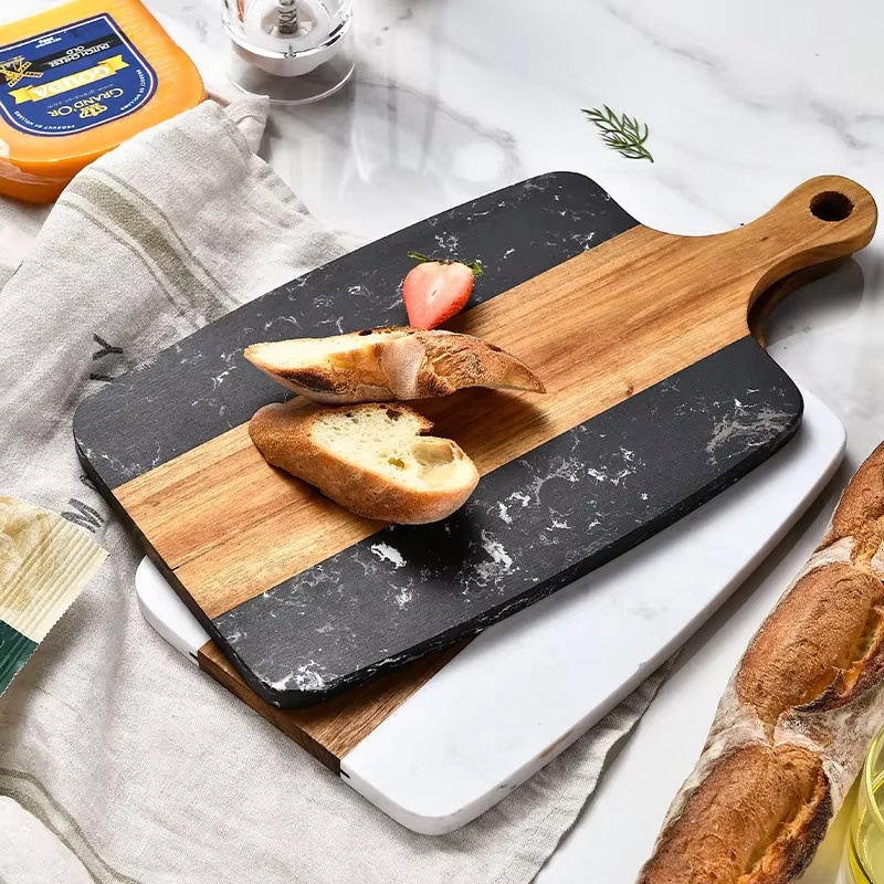 JANKNG Servierplatte aus Holz und Marmor in Schwarz und Weiß, rechteckiges Schneidebrett für Brot, Obst, Käse oder Steak - Bild 3