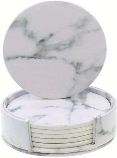 6 Stück Marmor Untersetzer aus Kunstleder in White mit Basis, Öl- und Wasserabweisend, Hitzebeständig, Durchmesser: 10 cm - Bild 1