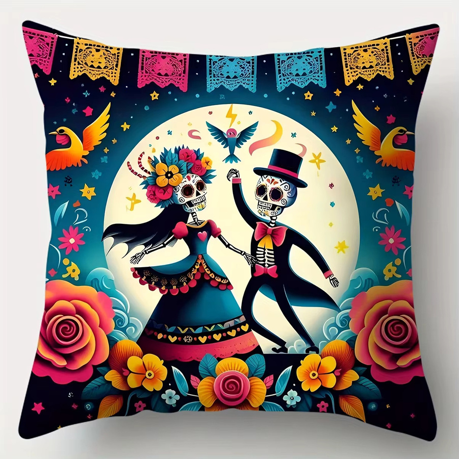 Mexikanische Kissenbezüge mit Totenkopf-Muster im Day of the Dead Design, quadratisch, Polyester, Mehrfarbig, Breite: 45,0 cm - Bild 2