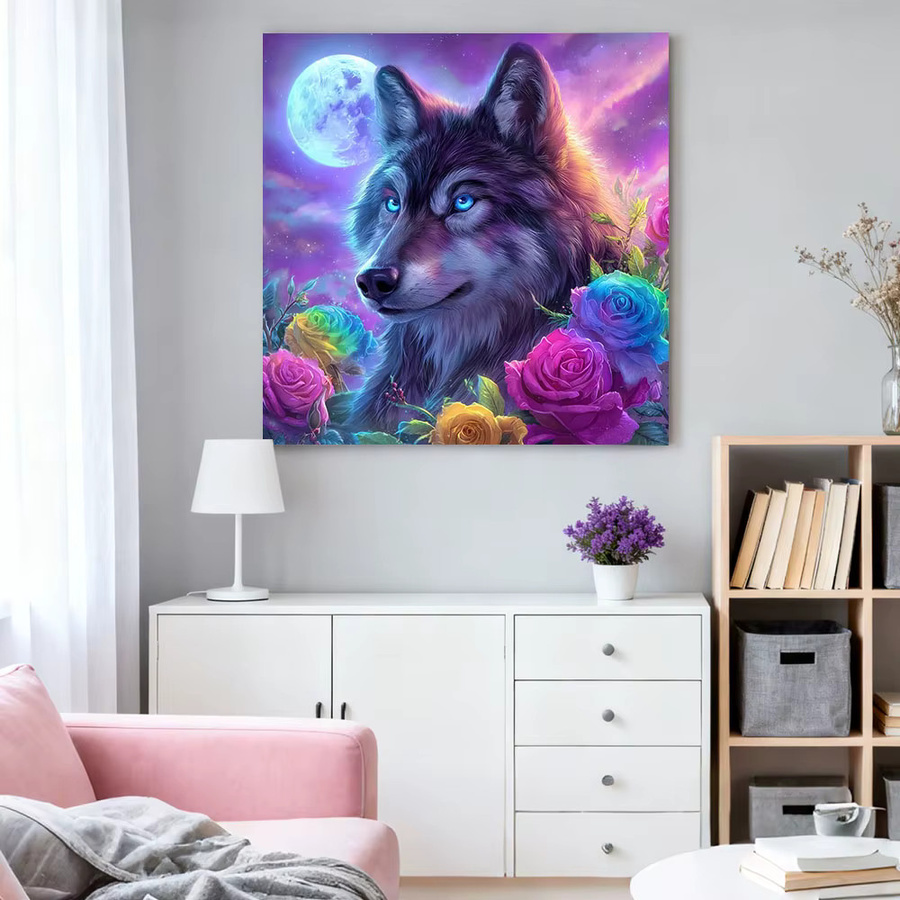 HUACAN Diamant-Kunstgemälde Wolf und Rosenblüten als Diamant-Mosaik-Set mit Strass-Steinen in Multicolour, B/H: 20 x 20 cm - Bild 3